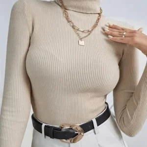 Inrosy pull unicolore col montant manches longues femme élégant mode décontracté