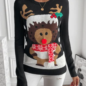 Inrosy pull motif noël wapiti col rond manches longues femme casual mode décontracté hauts