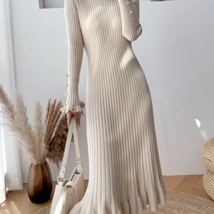 Inrosy longue pull robe moulante unicolore à volantée sirene pearl col rond manches longues femme casual élégant mode automne