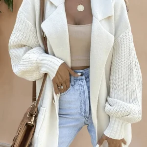 Inrosy cardigan en grosse maille boutons poches col revers manches longues femme casual oversized décontracté gilet automne