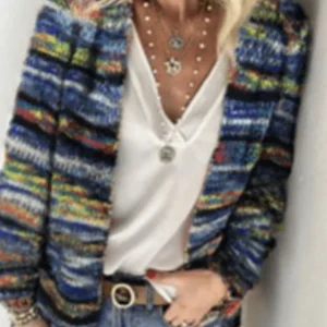Inrosy pull cardigan en grosse maille arc en ciel rayé poches manches longues femme vintage décontracté manteau en tricot à devant ouvert