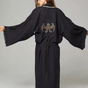KIMONO LONG BRODERIE POULPE NOIR