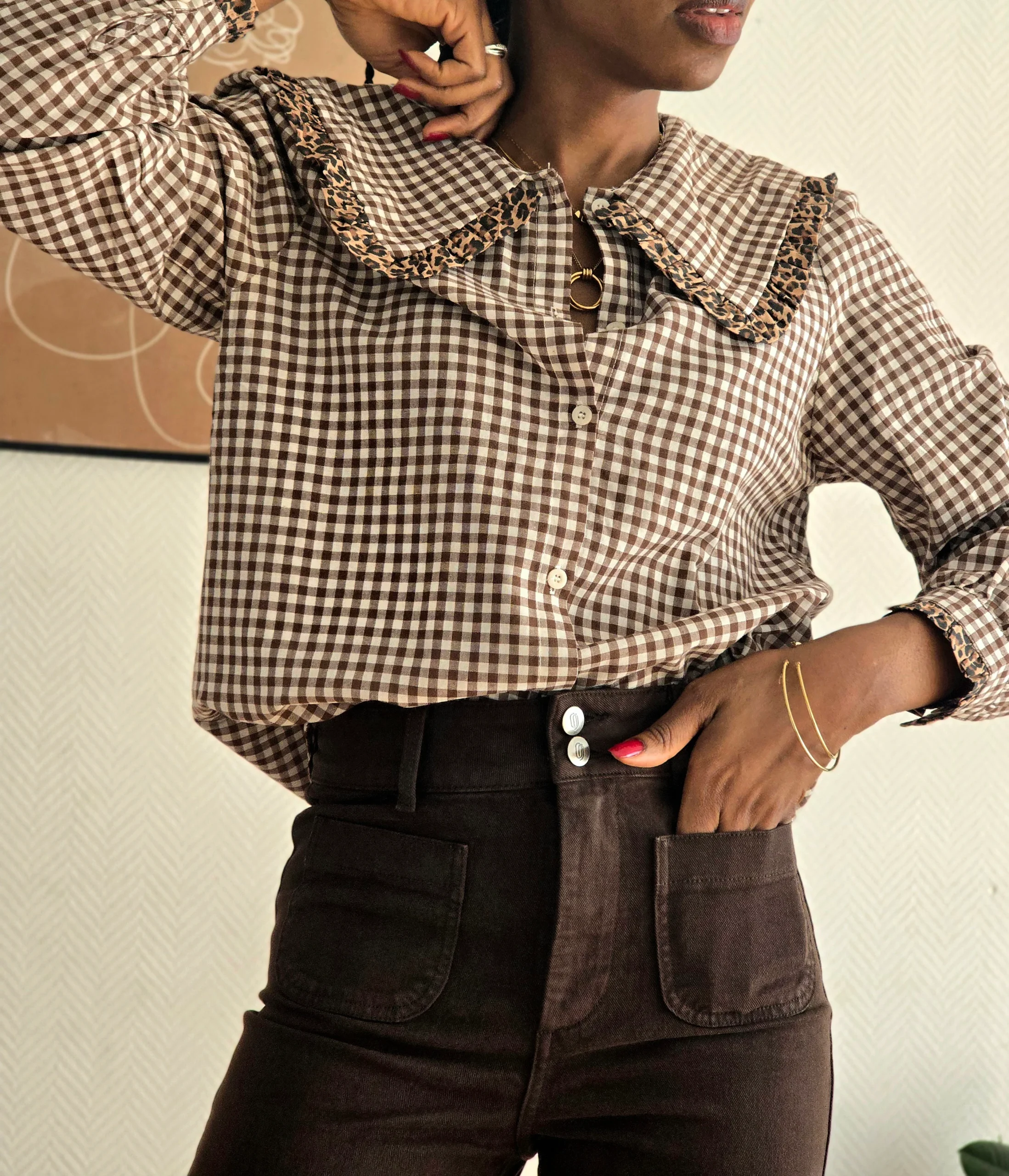 Blouse à carreaux vichy marron