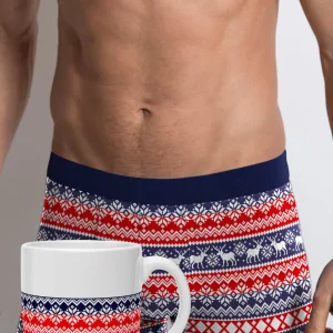 Boxer de  Noël pour Homme Bleu et Rouge avec Rennes + Mug de Noël