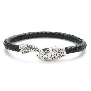 Bracelet Serpent Argenté Cuir Noir