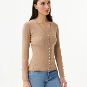 Cardigan côtelé à boutons bijoux