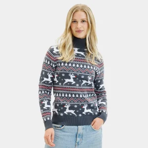 Pull de Noël pour Couple à Col Roulé Gris Rennes Coton Bio