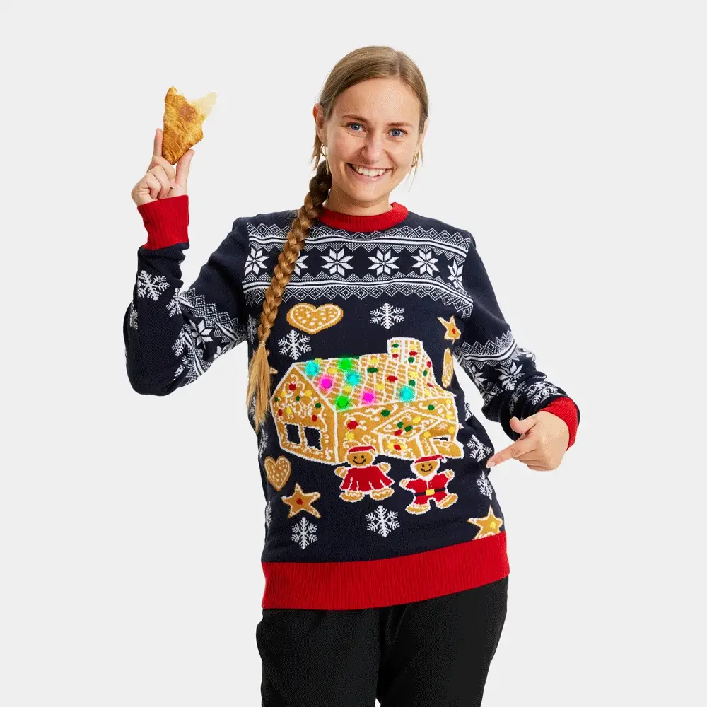 Pull de Noël pour Couple Lumineux LED Maison de pain d'épices