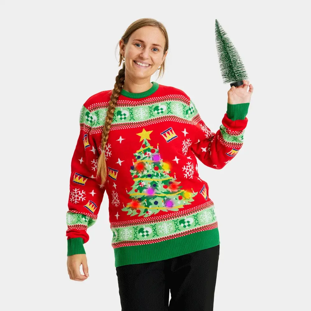 Pull de Noël pour Couple Lumineux LED Rouge avec Sapin de Noël