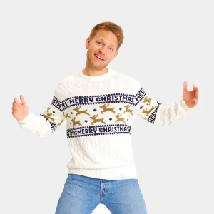 Pull de Noël Chic pour Homme Blanc avec Rennes Coton Bio