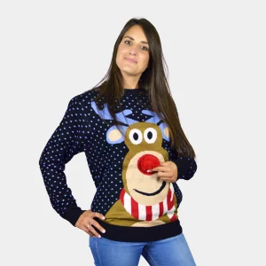 Pull de Noël pour Femme Bleu Renne au Nez Rouge 3D