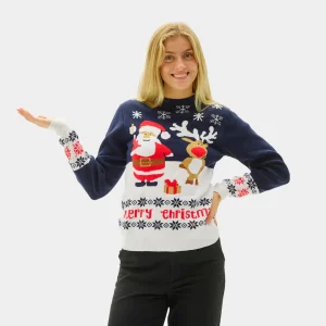 Pull de Noël pour Femme Bleu Père Noël et Rudolph le Renne