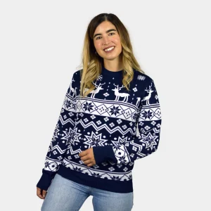 Pull de Noël pour Femme Bleu avec Renne et Étoile Nordique