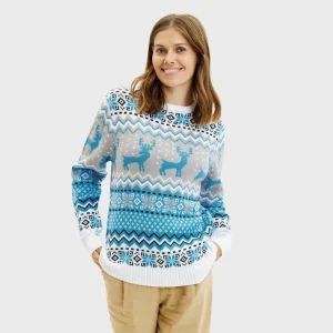 Pull de Noël Chic pour Femme Blanc, Gris et Bleu avec Rennes