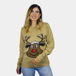 Pull de Noël pour Couple Beige avec Renne Souriant