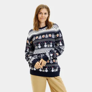 Pull de Noël pour Couple Bleu Bonhommes de Neige et Sapins