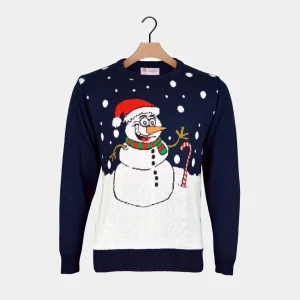 Pull de Noël Bleu Marine avec Bonhomme de Neige