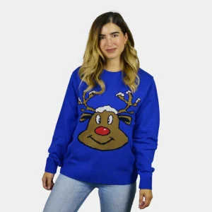 Pull de Noël pour Couple Bleu avec Renne Souriant