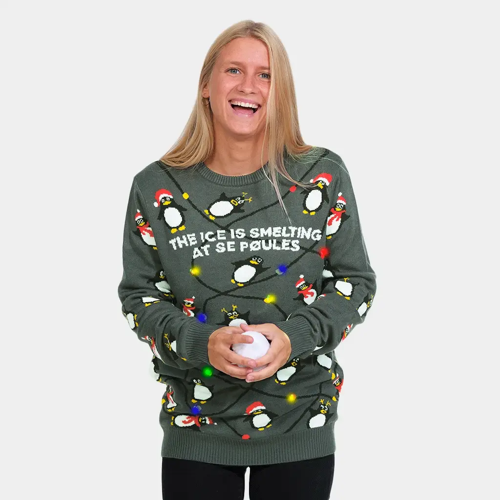 Pull de Noël pour Couple Lumineux LED Gris avec Pingouins