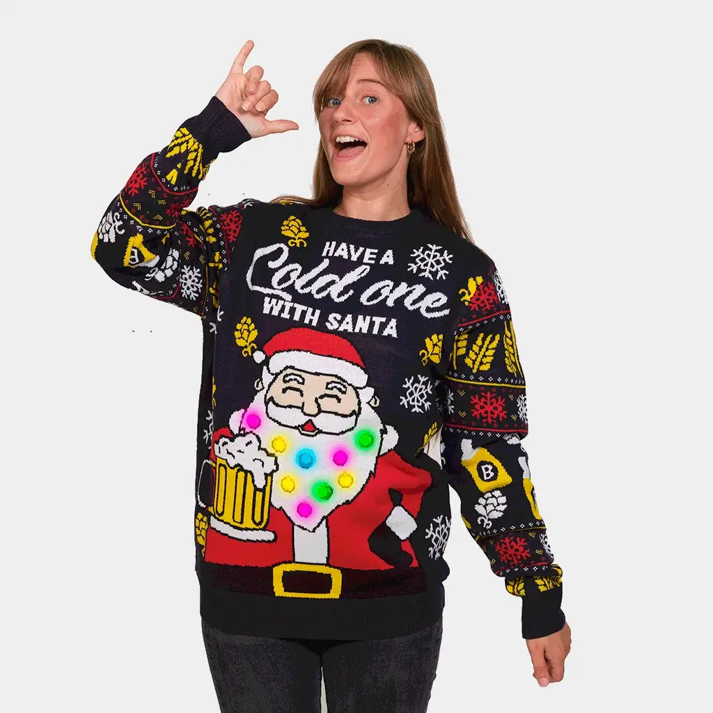 Pull de Noël pour Couple Lumineux LED Père Noël avec Bière