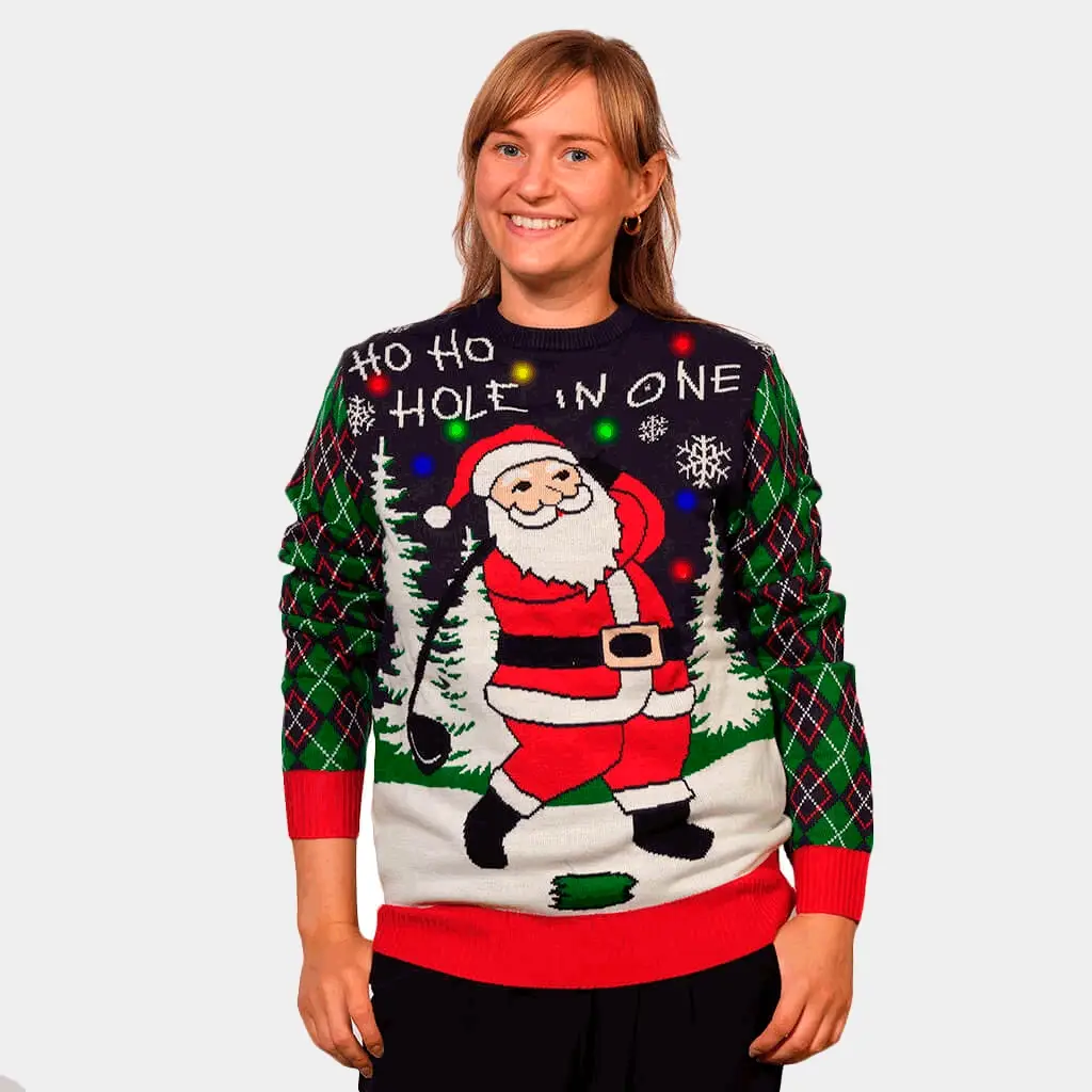 Pull de Noël pour Couple Lumineux LED Père Noël jouant au Golf