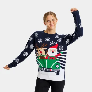 Pull de Noël pour Couple Renne et Père Noël Conduisent