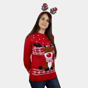Pull de Noël pour Couple Rouge Renne Rudolph Echarpe