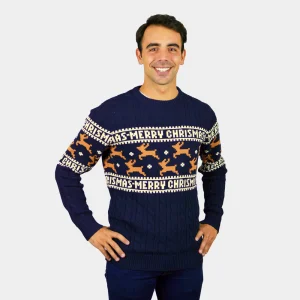 Pull de Noël Chic pour Homme Bleu avec Rennes Coton Bio