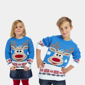 Pull de Noël pour Enfants Bleu Ciel avec Renne et Neige