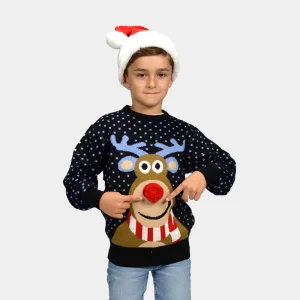 Pull de Noël pour Enfants Bleu Renne avec Nez Rouge 3D