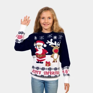 Pull de Noël pour Enfants Bleu avec le Père Noël et le Renne Rudolph