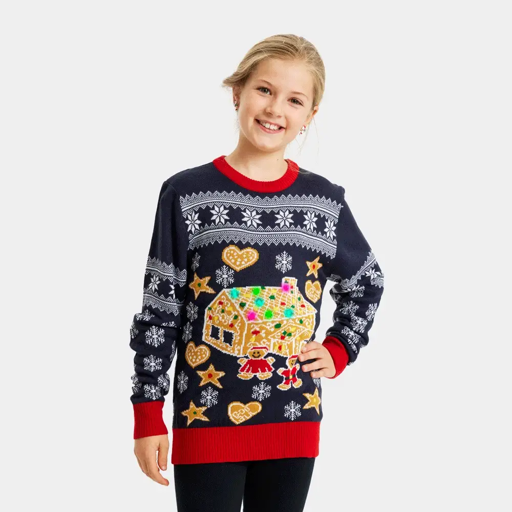 Pull de Noël pour Enfants Lumineux LED  Maison pain d'épices