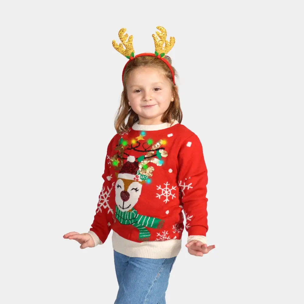 Pull de Noël pour Enfants Lumineux LED Renne Brillant avec Paillettes