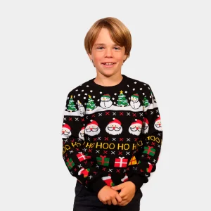 Pull de Noël pour Enfants Père Noël, Cadeaux et Bonhommes de Neige Coton Bio