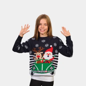 Pull de Noël pour Enfants Renne et Père Noël Conduisent