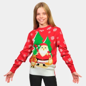 Pull de Noël pour Enfants avec Père Noël et Renne Saluant
