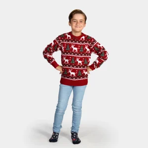 Pull de Noël pour Enfants Rouge avec Sapins de Noël et Rennes