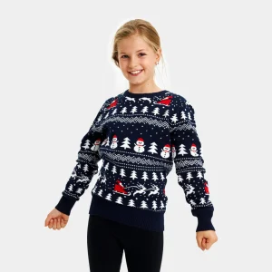 Pull de Noël pour Enfants Bleu Sapins, Bonhommes de Neige et Père Noël