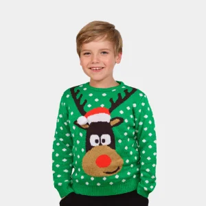 Pull de Noël pour Enfants Vert Renne avec Bonnet de Noël 3D