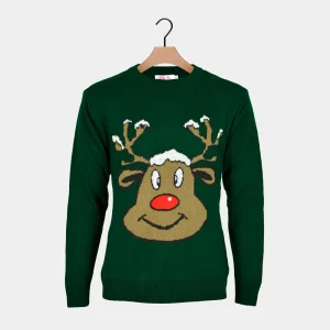 Pull de Noël pour Enfants Vert avec Renne Souriant