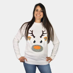 Pull de Noël pour Famille Blanc avec Renne 3D