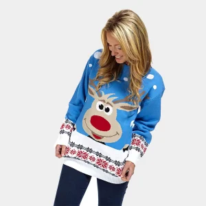 Pull de Noël pour Famille Bleu Ciel avec Renne et Neige