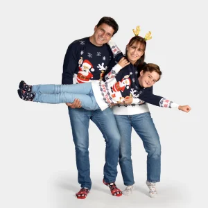 Pull de Noël pour Famille Bleu Père Noël et Rudolph le Renne Coton Bio
