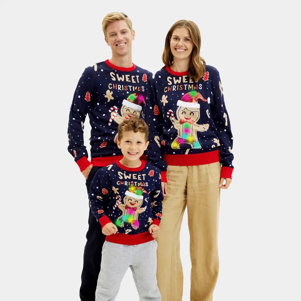 Pull de Noël pour Famille Lumineux LED Bleu Ginger Cookie