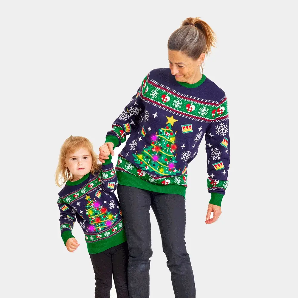 Pull de Noël pour Famille Lumineux LED Bleu avec Sapin de Noël