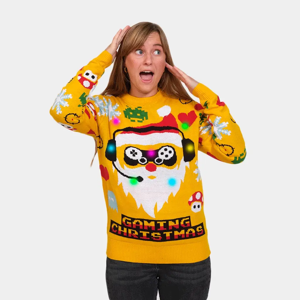 Pull de Noël Lumineux LED Père Noël Gamer