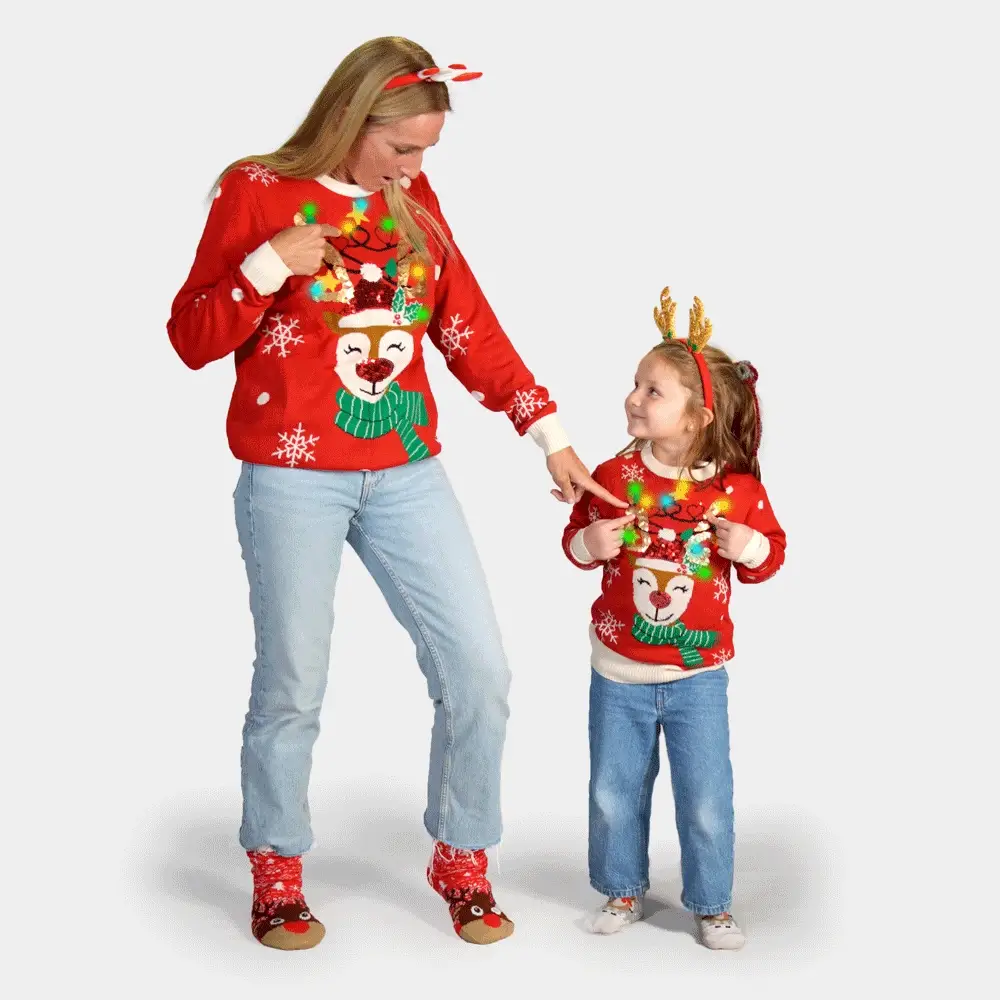Pull de Noël pour Famille Lumineux LED Renne Brillant avec Paillettes