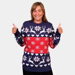Pull de Noël pour Famille Rennes et Cœurs Bleu et Rouge