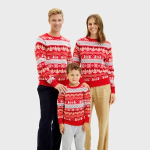 Pull de Noël pour Famille Rouge Bonhommes de Neige Sapins Coton Bio