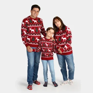 Pull de Noël pour Famille Rouge avec Sapins de Noël et Rennes